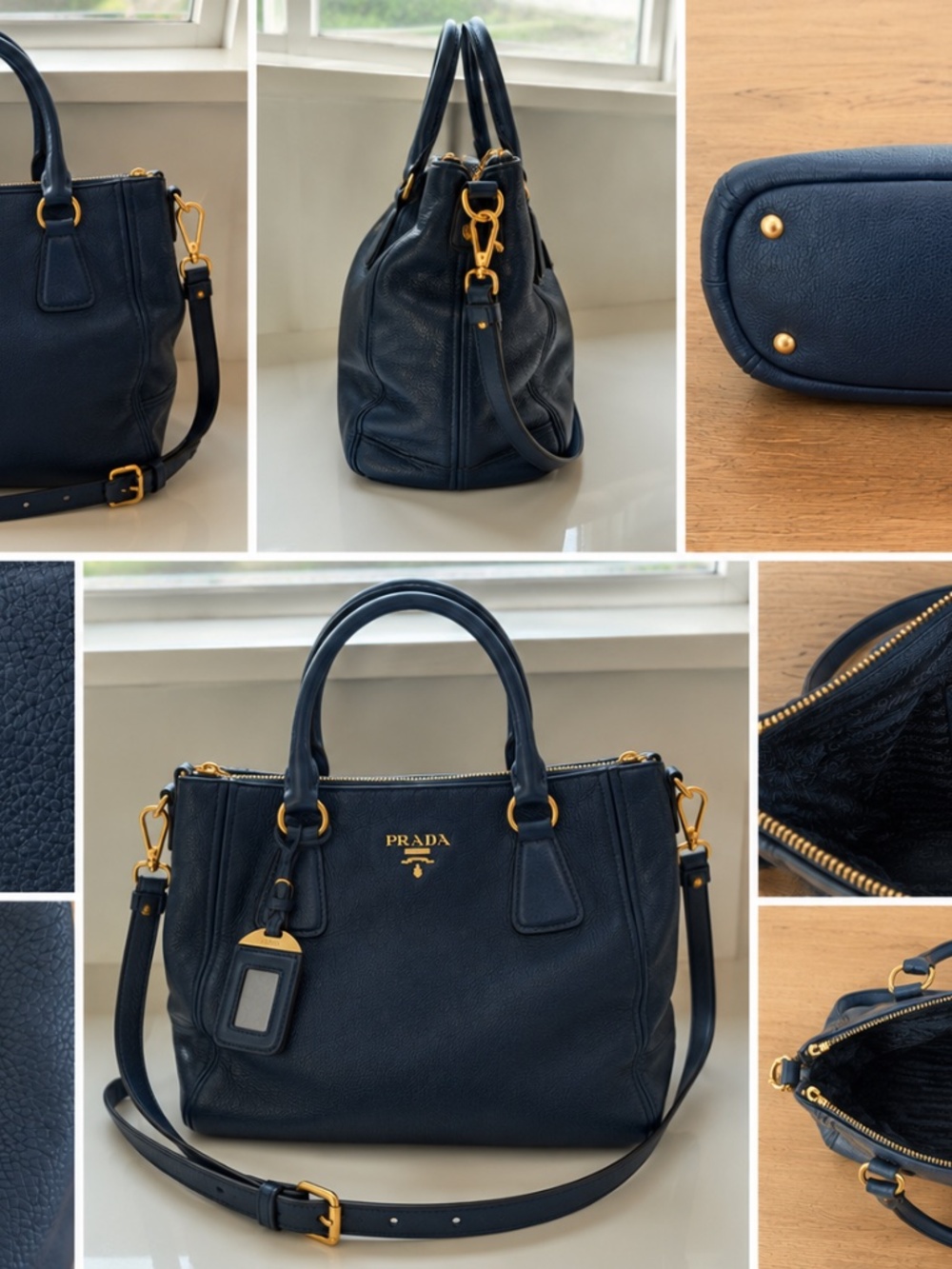 Authentic Dark Navy Prada Vitello Daino Convertible Handbag
